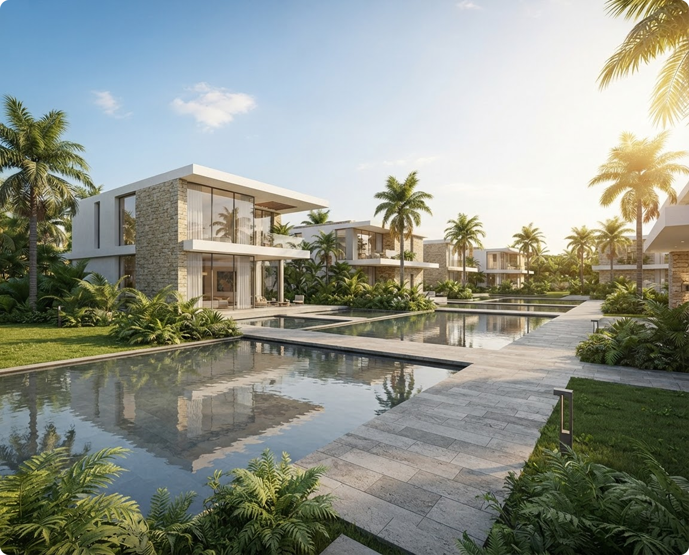 Modern villas with reflecting pools and palm trees