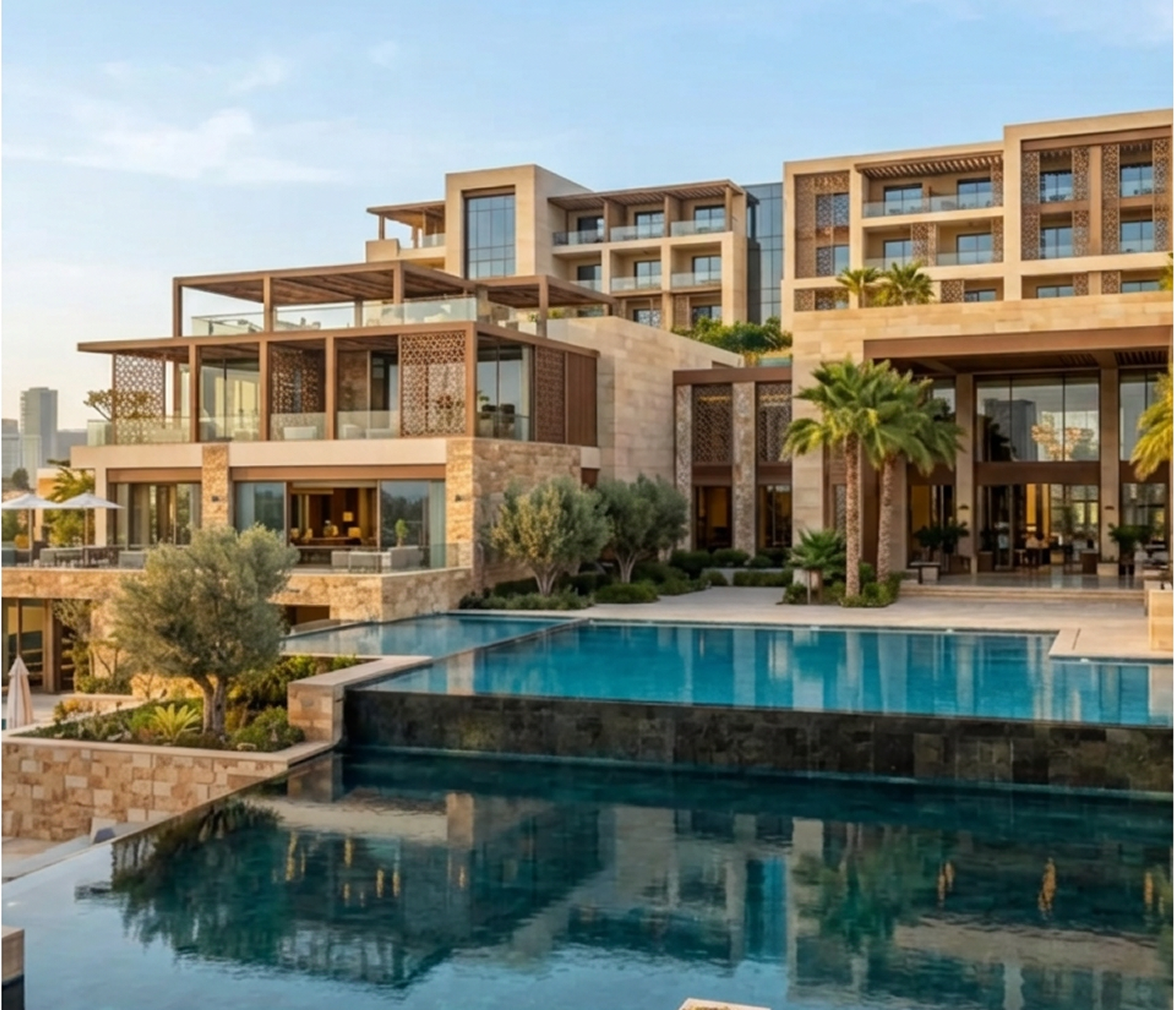 Modern villas with reflecting pools and palm trees